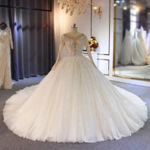 Luxury Long Sleeve Wedding Dresses Beaded Applique Glitter Princess Bridal Gowns - Picture 1 of 6