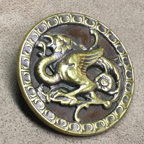 Antique Flower Tailed Dragon Button Large Wood Stamped Tinted Brass Steel Shank Cover