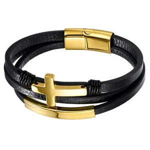 Men's Stainless Steel Cross Multi-layer Leather Magnetic Bracelet Free Engraving - Picture 1 of 15