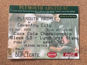 2004/05 PLYMOUTH ARGYLE V COVENTRY CITY 23-04-2005 BOLETO DE PARTIDO DE CAMPEONATO - Imagen 1 de 1