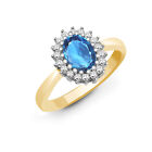 9ct Gold Jewelco London Diamond Blue Topaz Classic Royal Cluster Ring 11mm