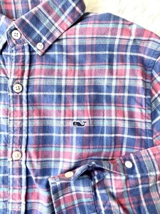 Vineyard Vines Youth Boys L (16) Button Down Cotton Shirt Plaid Pink Green Blue - Picture 1 of 5