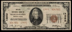 CHARTER #13852 1929 $20 MINERS NB OF WILKES-BARRE PA - Picture 1 of 3