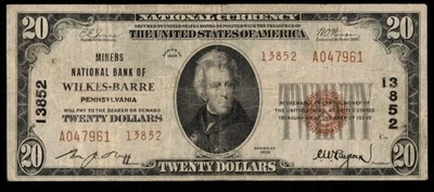 CHARTER #13852 1929 $20 MINERS NB OF WILKES-BARRE PA - Image 1 of 3
