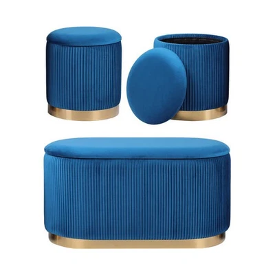 3 piece set storage ottoman - blanket box velvet padded bench stool faye blue - image 1 of 4