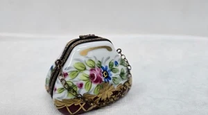 Limoges France Peint Main Rochard Trinket Box Purse w/Chain Roses - Picture 1 of 13