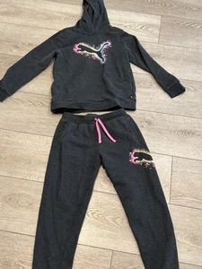 Puma Youth Girls Charcoal Gray Hoodie And Sweat pants Color splash Logo Large - Picture 1 of 6