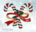 New Candy Cane Ribbon Holly Christmas Crystal Classic Enamel Brooch Pin