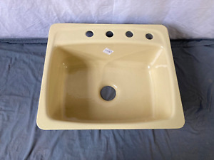 Vtg NOS Cast Iron Harvest Gold Yellow Porcelain Old Drop In Kitchen Sink 112-23E