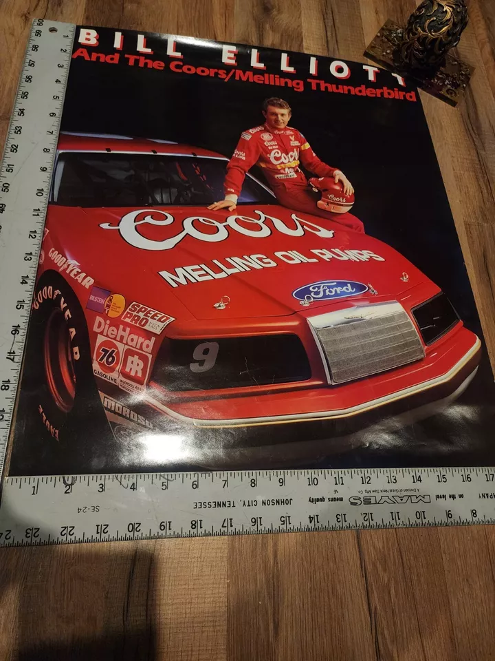 Vintage NASCAR Coors Beer Poster Bill Elliott 1986 Ford Racing Thunderbird Race - Image 1 of 4