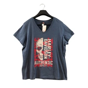 Harley Davidson Women’s Blue V Neck Tee Shirt Size XXL Flag Skull Heather Navy - Picture 1 of 6
