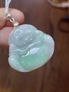 100% Natural Grade A Jadeite Jade 老坑冰飘阳绿佛公 純銀扣頭 S925 帶證 - Picture 1 of 12