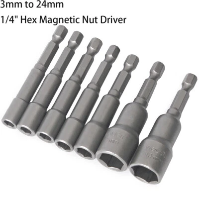 Magnetic Nut Driver 65mm Long Socket Set Impact Drill Bit 1/4" Hex 3mm to 24mm - Image 1 of 4