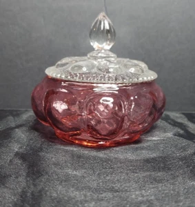 Fenton Kunst Glas Preiselbeere Süßigkeiten Schale mit Kristall Perlen Deckel - 3,75" - Bild 1 von 9