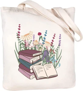 Book Cute Canvas Tote Bag with Zipper Pockets Aesthetic Flower Tote Bags Graphic - Picture 1 of 12