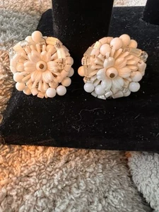 VINTAGE Japan MADE WHITE BEADED LARGE MULTI-LAYER CLIP-ON EARRINGS - Picture 1 of 10