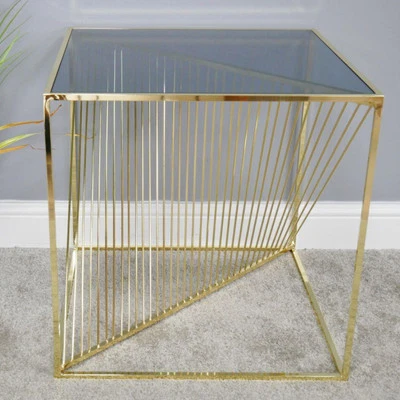 Gold Square Side Table Electro Plated Metal and Tempered Glass 53x52x52cm - Image 1 of 4