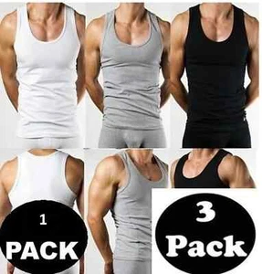 Mens Vests 100% Cotton Plain Tank Top Summer Training Gym Plain Classic Fitness - Picture 1 of 10