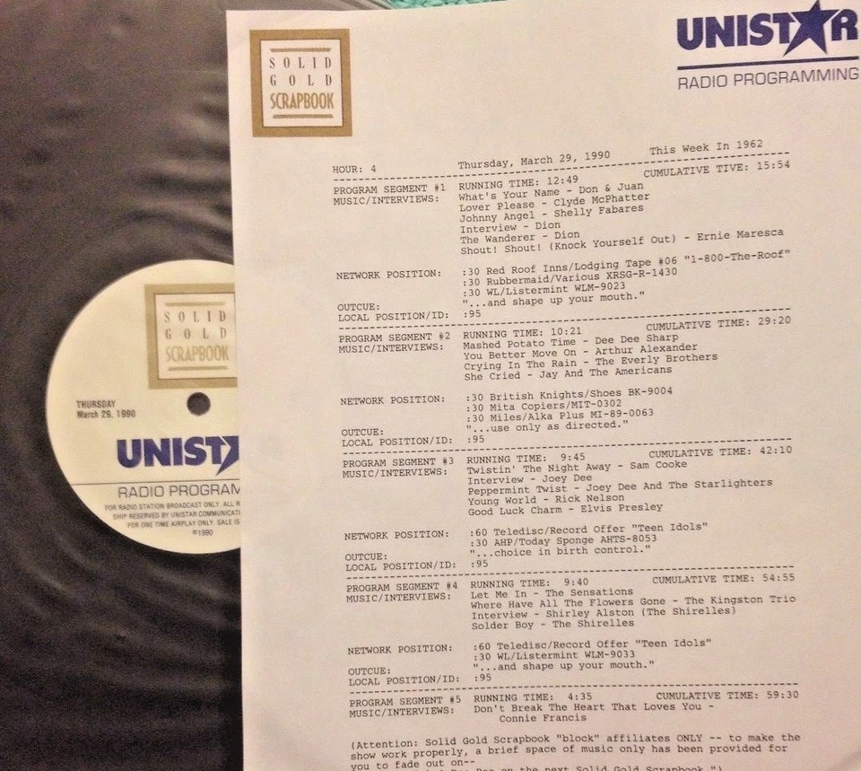 RADIO SHOW 3/29/90 THIS WEEK IN 1962: DION,ARTHUR ALEXANDER,JOEY DEE/STARLIGHERS - Image 1 of 1