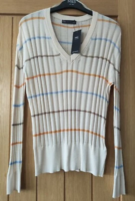 M&S Striped V Neck Linen Blend Jumper Size Medium - Image 1 of 3