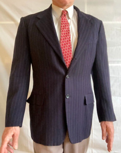 Vintage Mens 1960s Hollywood Blue Pinstripe Blazer Suit Sport Jacket Retro Tie