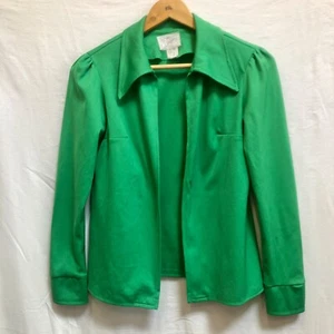 Vintage 70s St Tropez Shirt Jacket 8 10 S Grass Green Minimal Silky Glam Funky - Picture 1 of 12