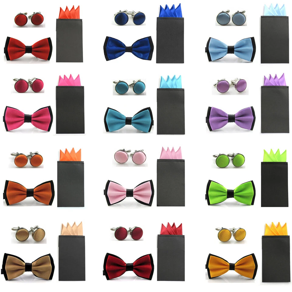 Men's Bowtie Pre-folded 4 Folds Hanky Pocket Square Cufflinks Wedding Party Set - Image 1 of 1