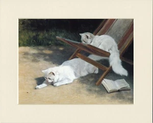CAT PRINT PERSIAN CATS IN DECKCHAIR PLAY WITH LADYBIRD - Picture 1 of 1