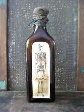 Primitive Halloween Witch's Pantry LG Antique Brown Glass Bottle Skeleton Label