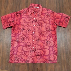 Vintage 60s California Hawaiian Shirt Cotton Red Floral USA Made Large - Picture 1 of 5