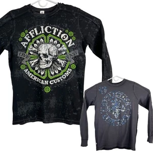 Affliction Shirt Mens Sz M Black Green Waffle Knit Reversible Thermal Skull $72 - Picture 1 of 10