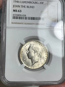 1946 Luxembourg 20 Francs - NGC MS63 - John the Blind - Picture 1 of 2