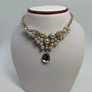 Gold Plated Pearl Bib Statement Crystal Necklace And Earrings Set, Brand New - Picture 1 of 7