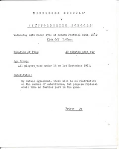 HENDON - Middlesex v Hertfordshire (Schools Match) 1971 - Picture 1 of 1
