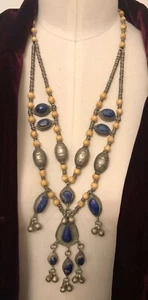 Vintage Lapis Lazuli Wood Silver Beaded Stone Necklace ๐ - Picture 1 of 5