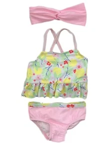 Infant Girls 2 Piece Pink Lemon Tankini Swimming Suit & Matching Headband - Picture 1 of 1