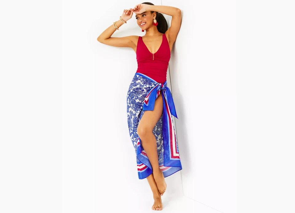 Lilly Pulitzer Estampado Algodón Pareo Azul Tortuga Marina Estampado Corbata Falda Bufanda Foto 1 de 4