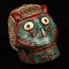 9 Old Tibetan Bronze Copper Inlay Turquoise Gem Buddhism Kapala Skull Head