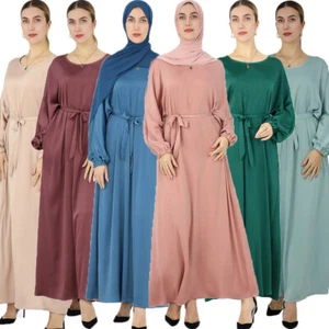 Maxi Vestido Largo de Satén para Mujer Ramadán Caftán Musulmán Abaya Vestido de Fiesta Islámico Dubai - Imagen 1 de 44