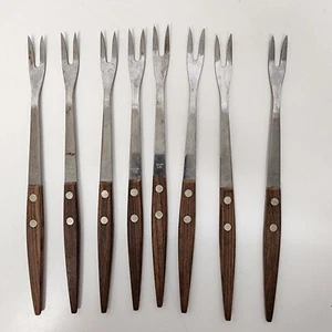 8 Stck. Fondue Gabeln Appitizer Servieren Edelstahl Holz MCM langer Griff 1970er Jahre - Bild 1 von 4