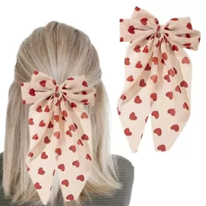 Valentine Large Bow Hair Clips for Women Red Heart Hair Bows Silk Satin Large... - Picture 1 of 6