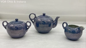 Vtg Luster Pale Blue/Purple Rising Sun Teapot, Creamer & Sugar Bowl Japan - Picture 1 of 11