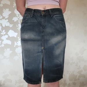 Levi Denim Skirt 669 90s Y2K Midi Low Dark Destressed M 34" UK 12 - Picture 1 of 13