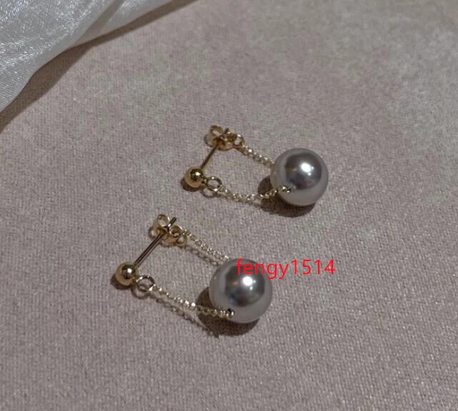 натуральный AAA + 9-10 мм таитянский серый круглый жемчуг серьги 14K золото подвеской серьги - Изображение 1 из 4