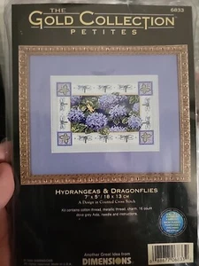 VTG HTF DIMENSIONS Hydrangeas & Dragonflies Gold Coll. Petites Cross Stitch Kit - Picture 1 of 10