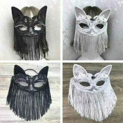 Masquerade Party Eye Mask Venetian Lace Fox Cat Animal Tassel Fringe Sequin - Image 1 of 4