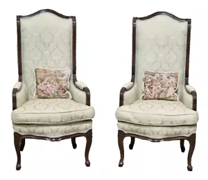PAIR OF French Louis XV Style Walnut Carved Armchairs Green Damask Fabric - Picture 1 of 10