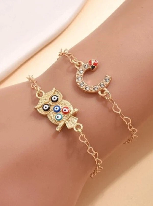 2 pezzi bracciale Braccialetti con strass luna gufo colore oro - Immagine 1 di 1