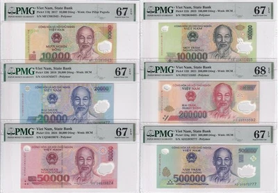 Vietnam Set 6;10000-500000 Dong 2017-2024 P 119-123 124 Excelente UNC PMG 67 68 EPQ Foto 1 de 4