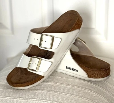 BIRKENSTOCK Womens White Patent Leather Shiny Sandals Shoes Sz EU 40 Narrow - Image 1 of 4